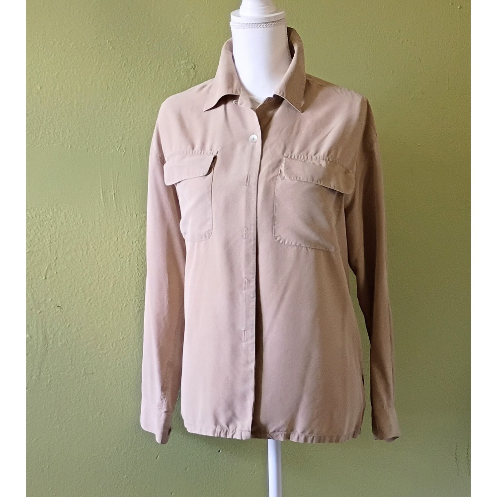 Literary Chic Selene Tan Silk Button Down Shirt Blouse Pockets PM Petite Medium